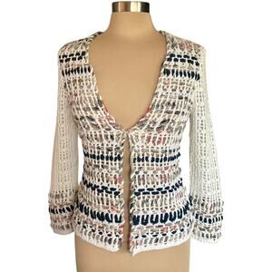 Zozo Crochet Cream Cardigan SMALL Linen Blend Beachy Coastal Boho Grannycore
